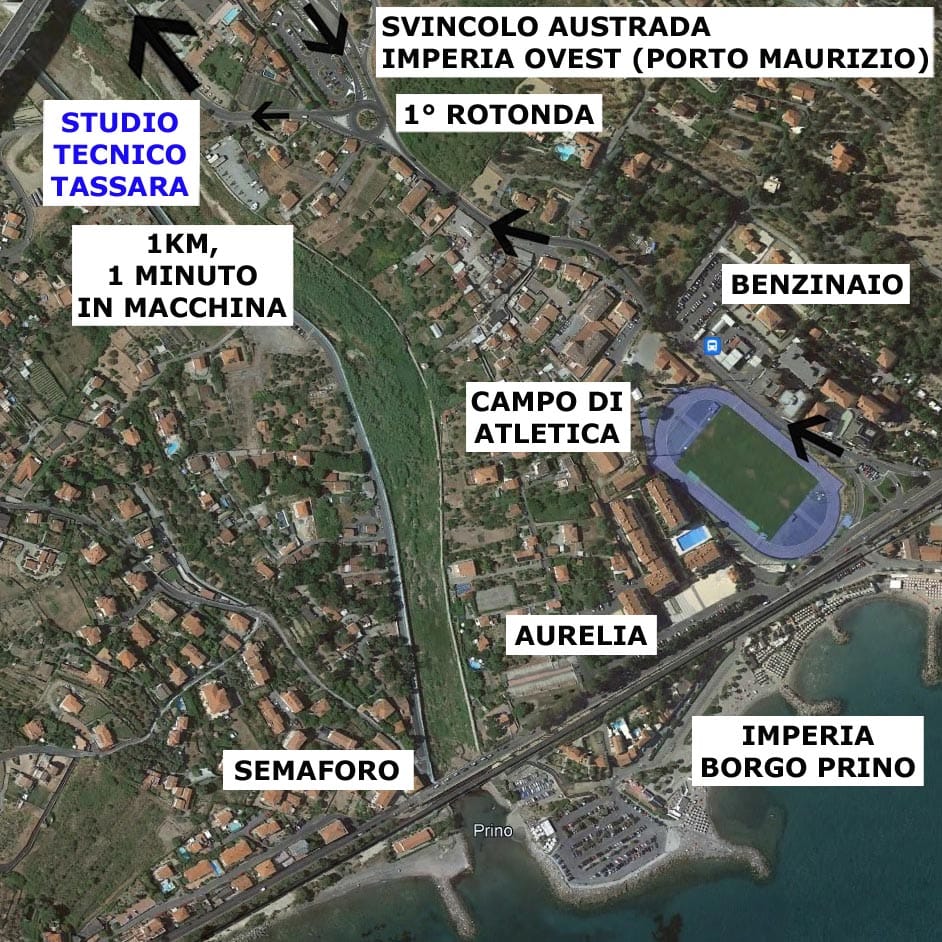 Vue aérienne du trajet entre la sortie Imperia Ovest et le cabinet