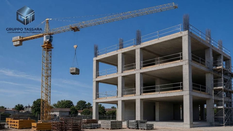 Cantiere di un edificio in costruzione con la gru